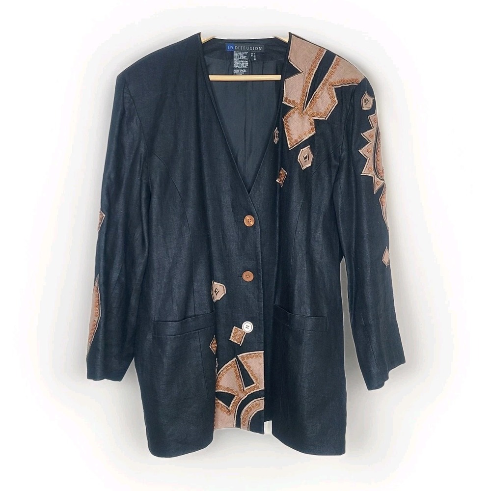 Vtg 90s IB Diffusion Linen Blazer Jacket Womens 14 Black Brown‎ Tribal Design